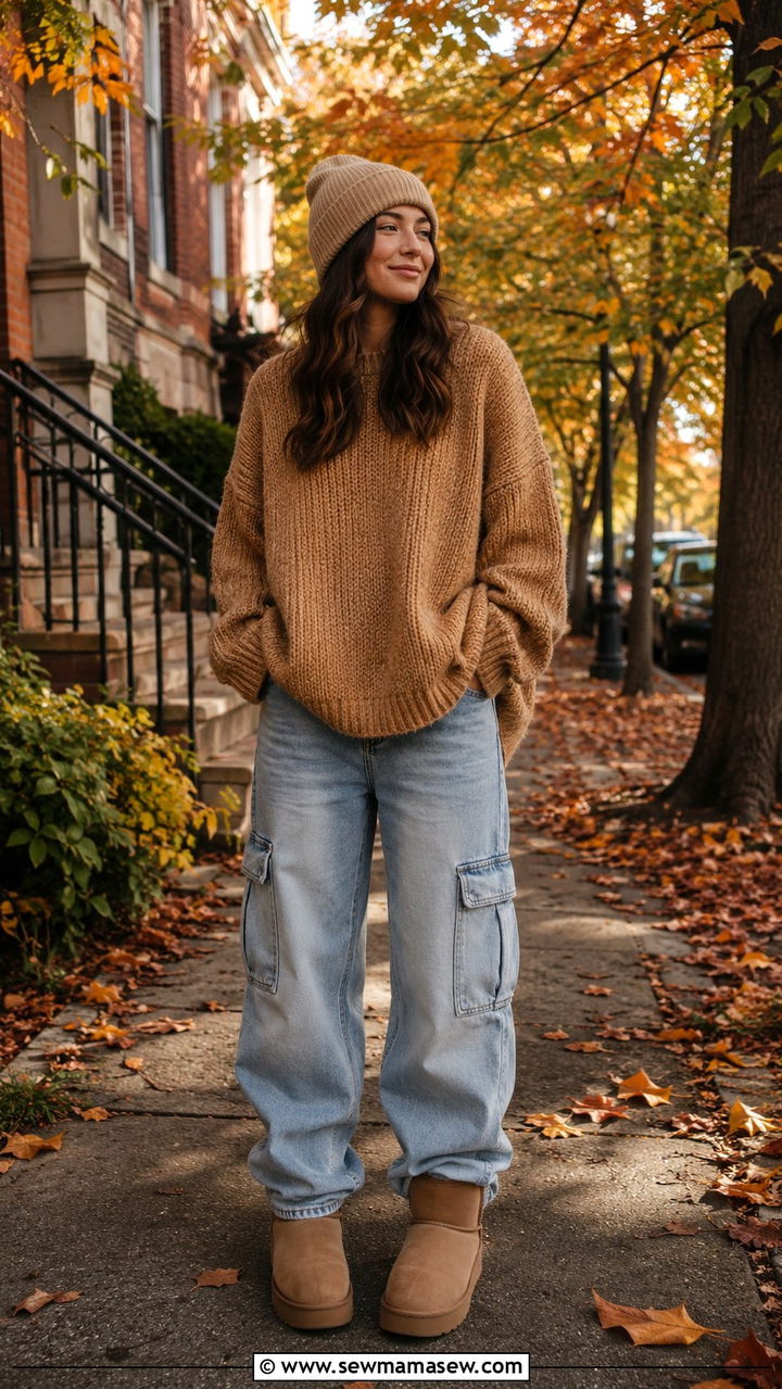 Oversized Knit Sweater with Cargo Jeans and Ugg Boots - 30 Tomboy outfit ideas