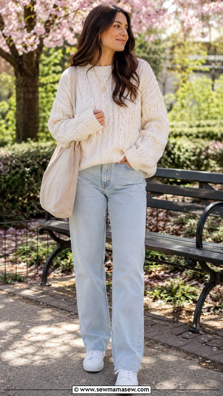 Oversized Knit Sweater with Light Wash Jeans and Sneakers - 30 Spring outfits with jeans