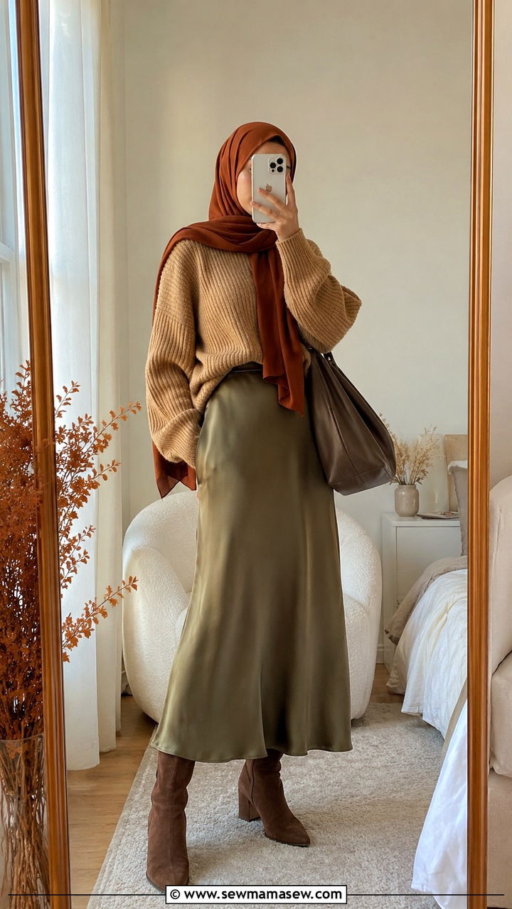 Oversized Knit Sweater with Maxi Skirt and Boots - 25 work outfits for hijab women