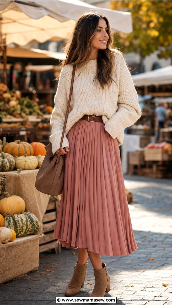 Oversized Knit Sweater with Pleated Skirt - 25 classy outfits for modest women