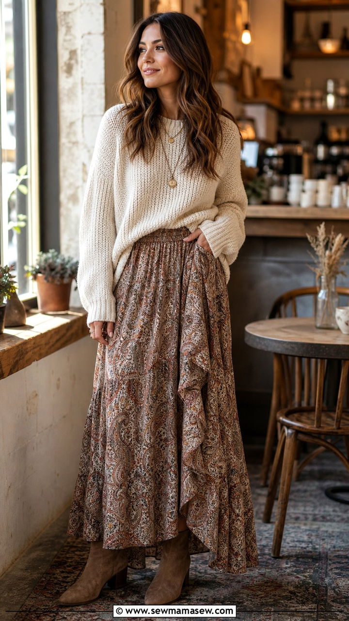 Oversized Knit Sweater with Printed Maxi Skirt and Ankle Boots - 35 casual boho outfits