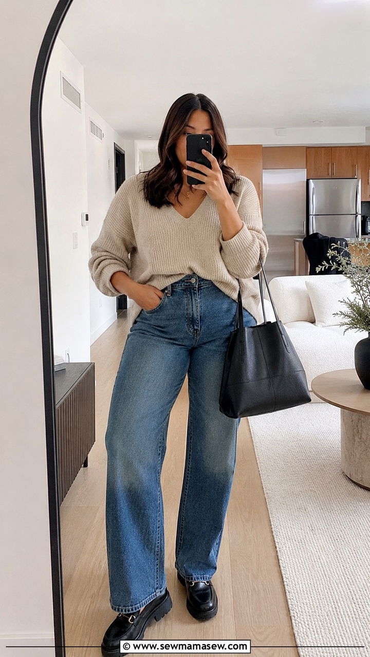 Oversized Knit Sweater with Straight Leg Jeans and Chunky Loafers - 30 transitional midsize outfit ideas