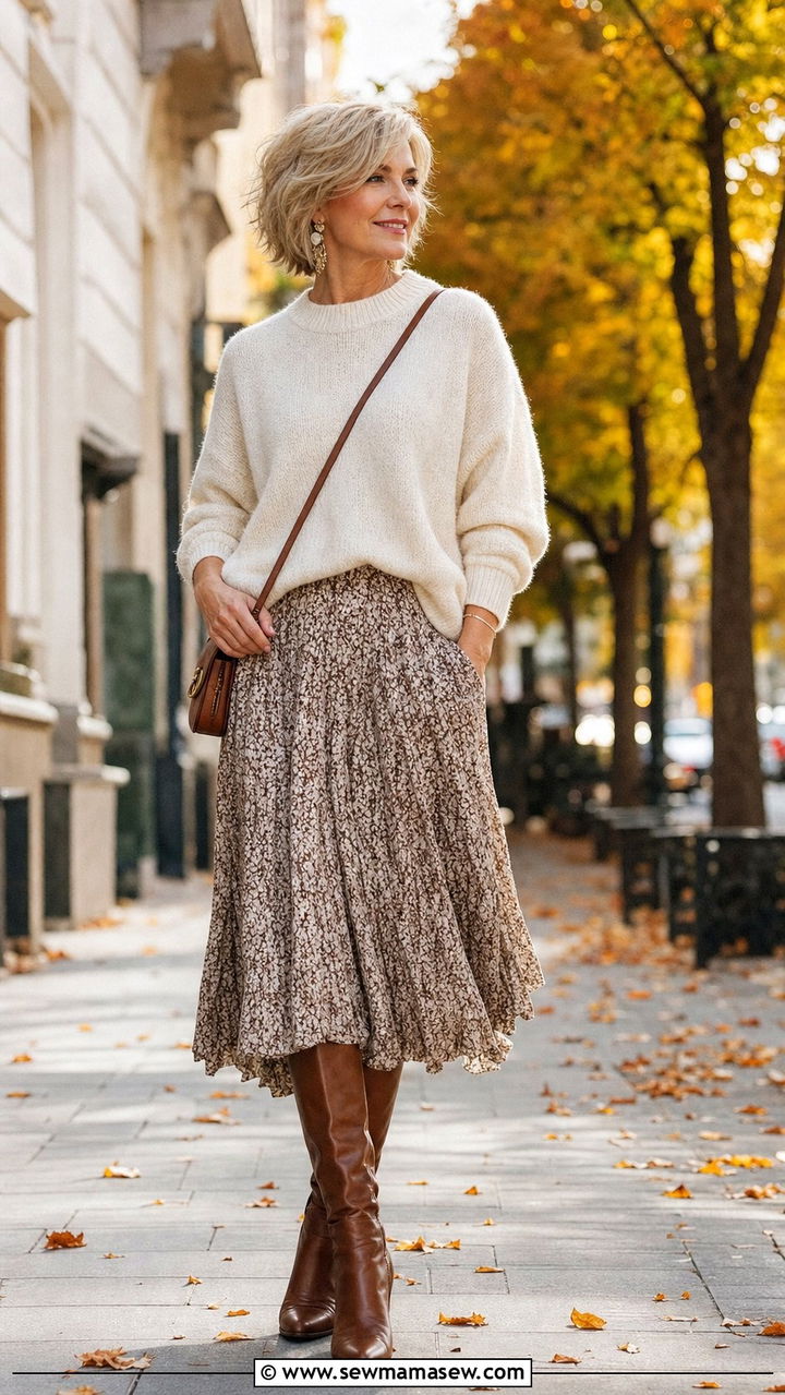 Oversized Knit with Midi Skirt and Tall Boots - 35 Brunch outfits for women over 40