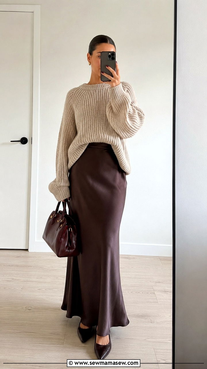 Oversized Knit with Satin Maxi Skirt Outfit - 25 modest classy outfits inspo