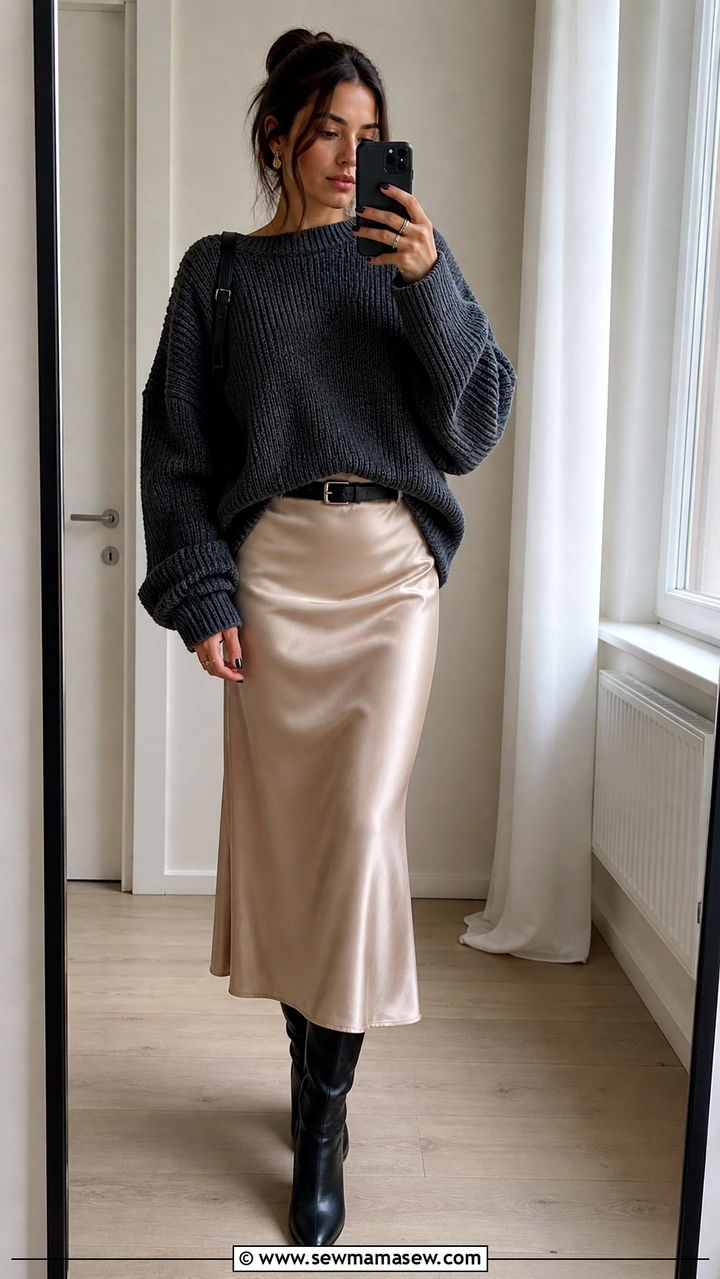 Oversized Knit with Satin Midi Skirt - 40 parisian outfits for women