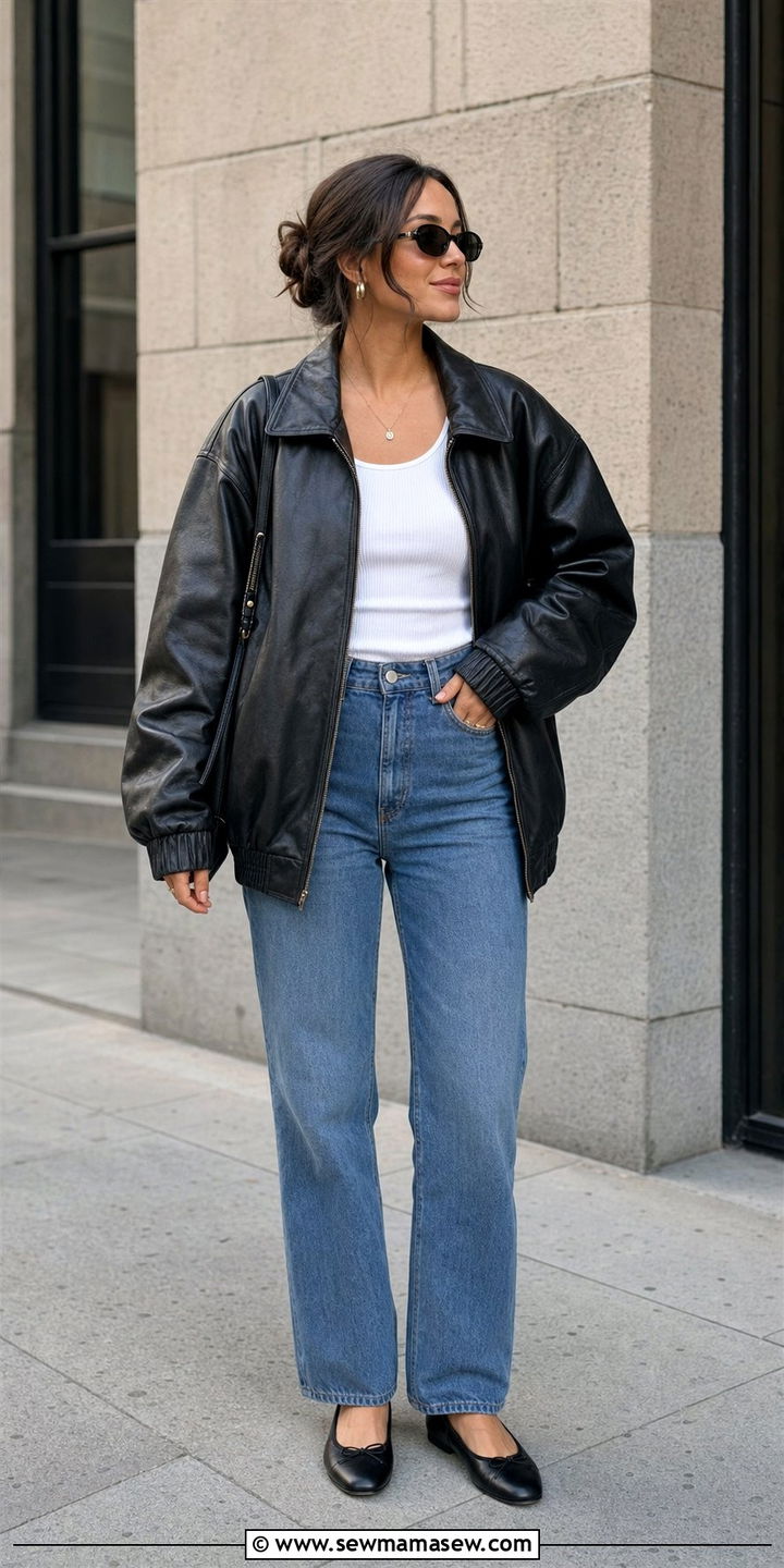 Oversized Leather Bomber Jacket with Straight Leg Jeans - 25 spring model off duty outfit ideas