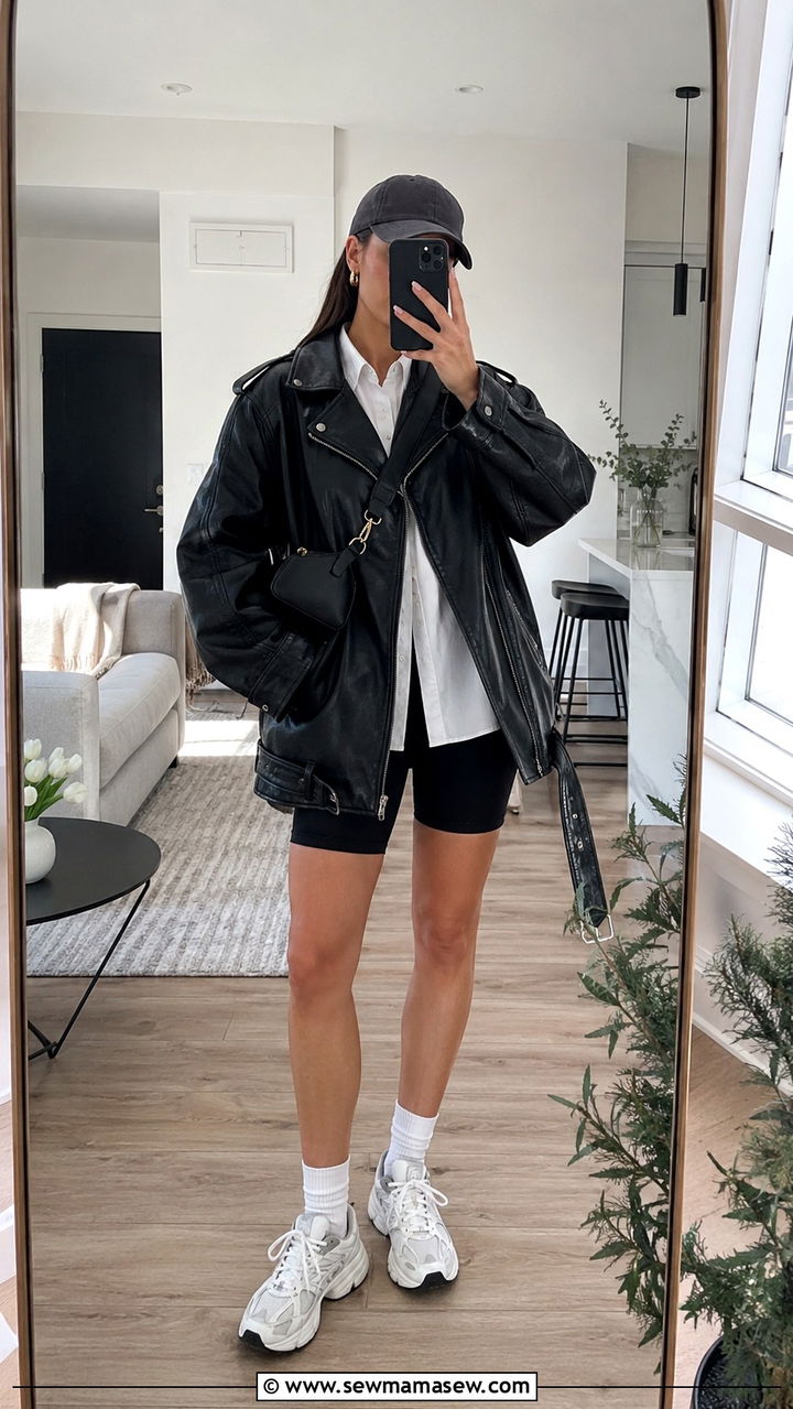 Oversized Leather Jacket With Biker Shorts And Chunky Sneakers - 30 how to style leather jacket