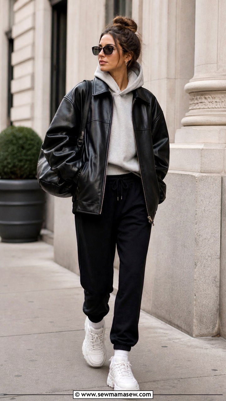 Oversized Leather Jacket With Hoodie And Joggers - 40 casual leather jacket outfits