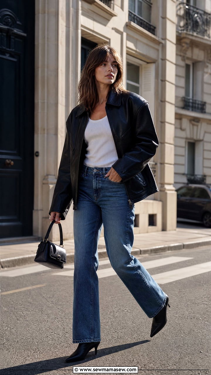 Oversized Leather Jacket With Straight Leg Jeans And Heeled Boots - 25 French girl outfit ideas 2026
