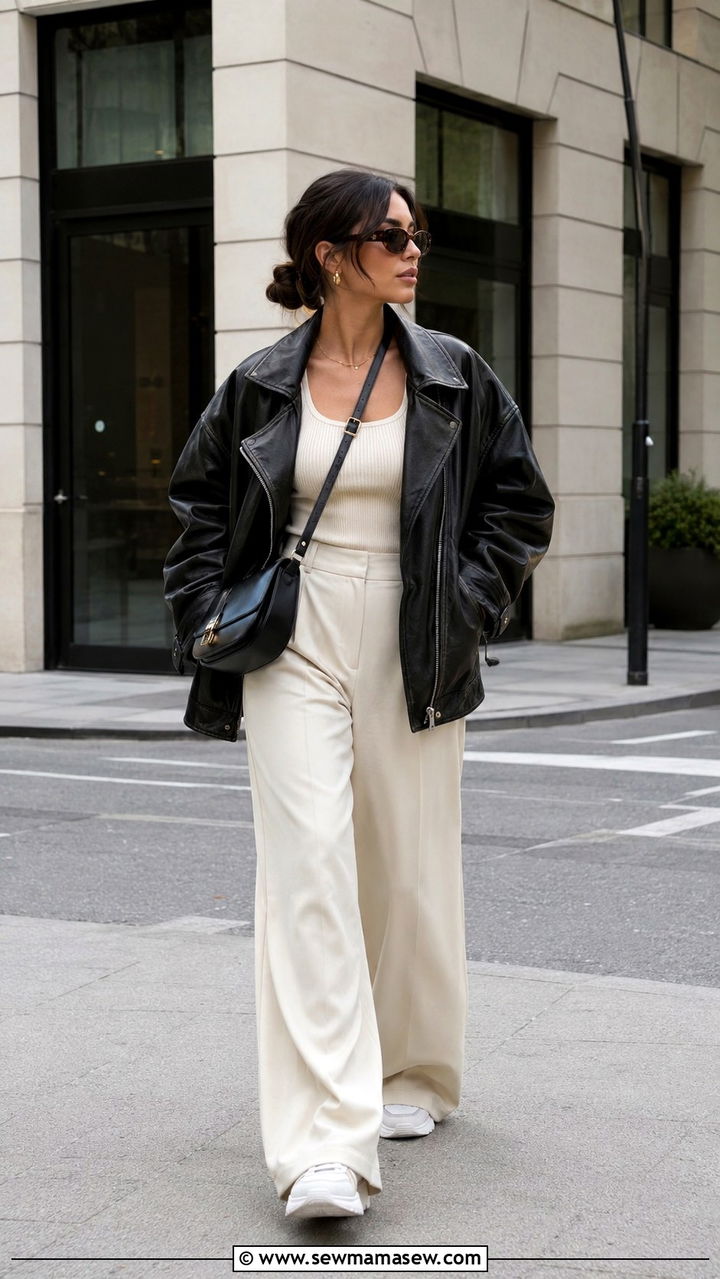 Oversized Leather Jacket With Wide Leg Pants Spring - 30 How to style a leather jacket in spring