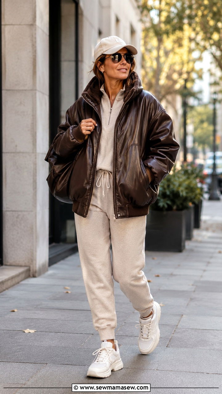 Oversized Leather Jacket with Jogger Set - 30 leather jacket outfits for women over 40