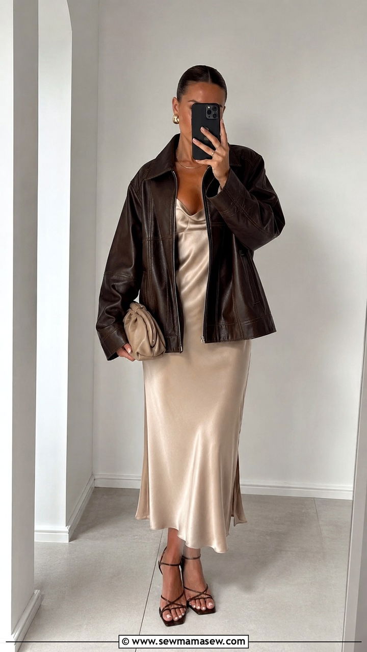 Oversized Leather Jacket with Slip Dress - 30 Spring outfits with leather jacket