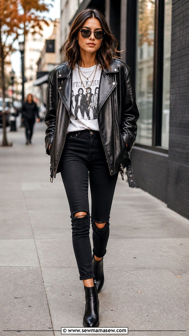 Oversized Leather Moto Jacket With Graphic Tee And Black Skinny Jeans - 40 grunge outfits ideas