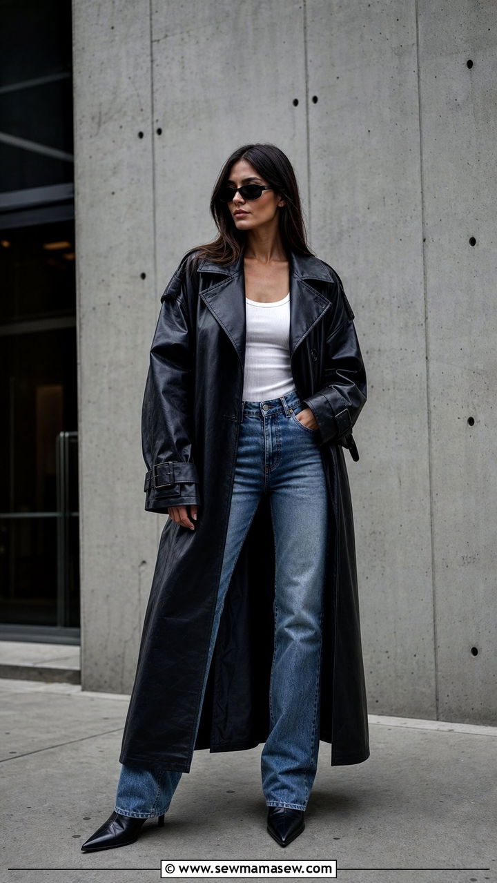 Oversized Leather Trench Coat With Straight Leg Jeans - 25 Straight leg jeans outfit ideas with a trench coat