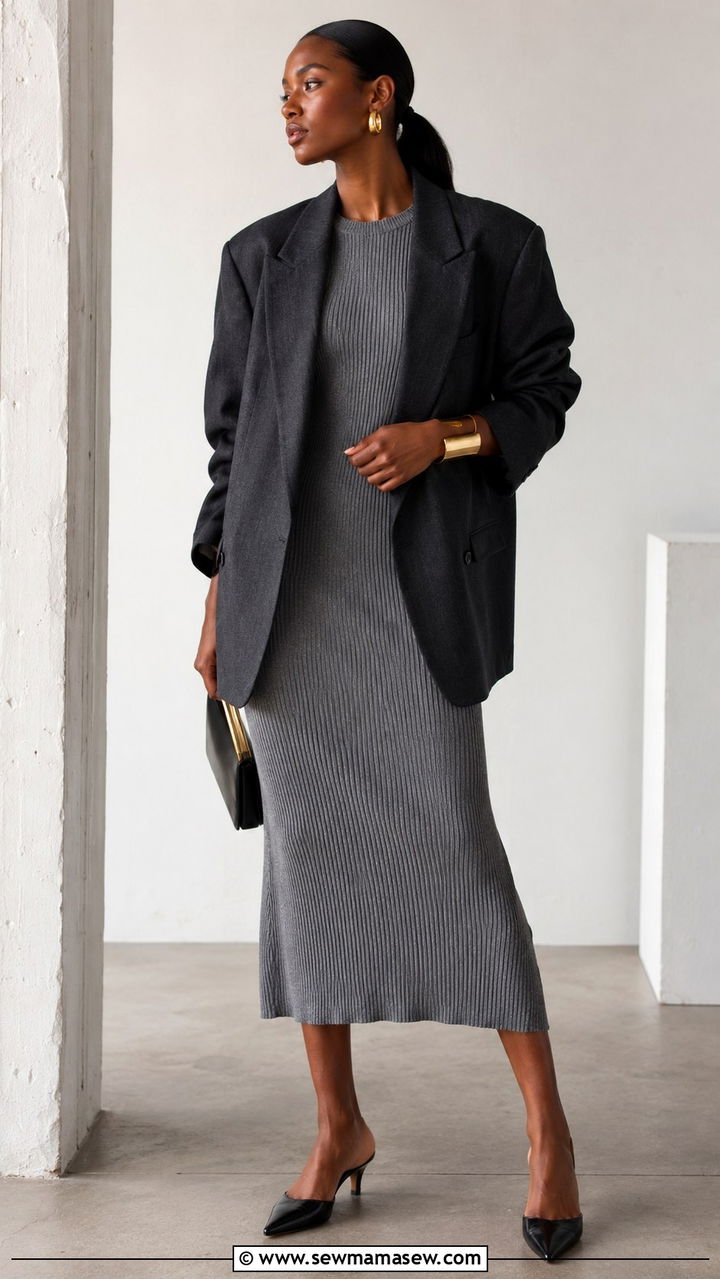 Oversized Linen Blazer With A Fitted Knit Dress - 30 Linen blazer outfit ideas for a wedding