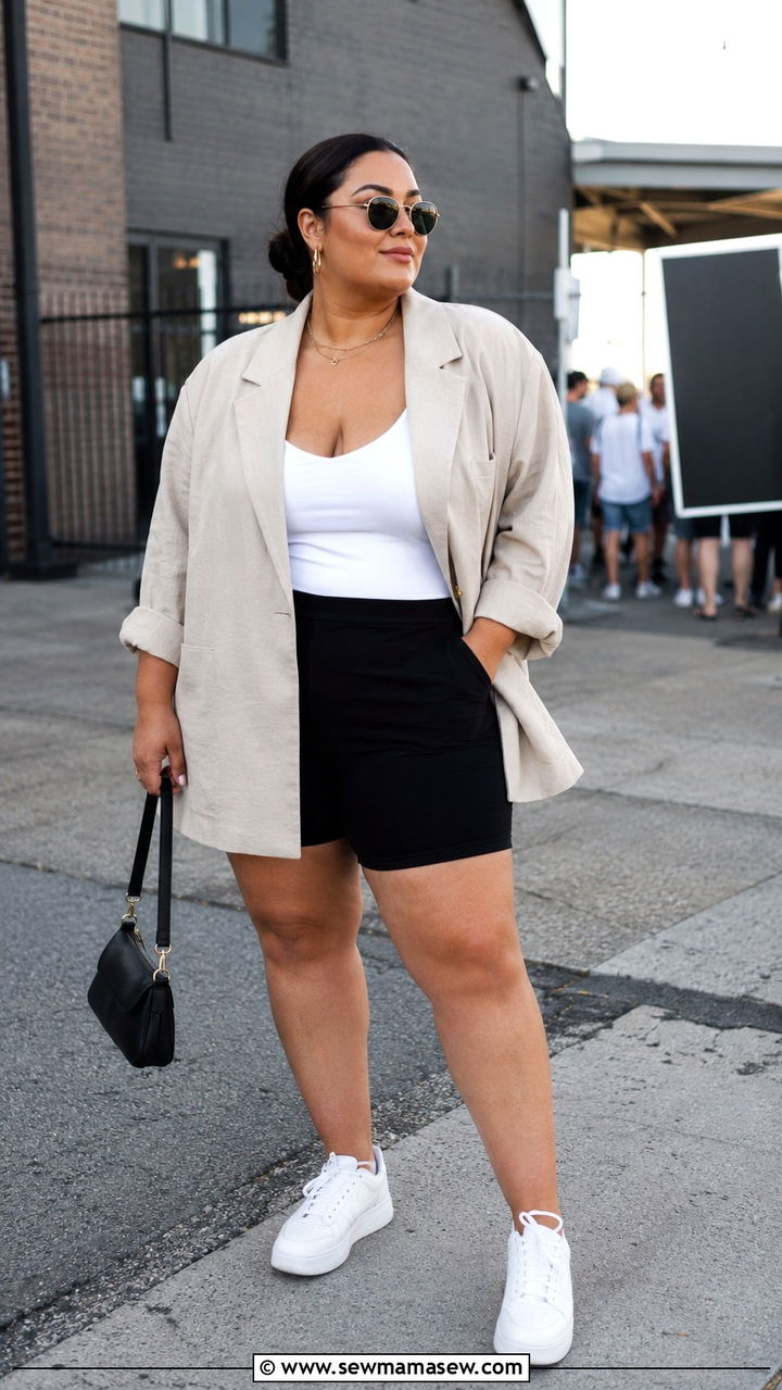 Oversized Linen Blazer With Biker Shorts And White Sneakers - 30 plus size music festival outfit ideas