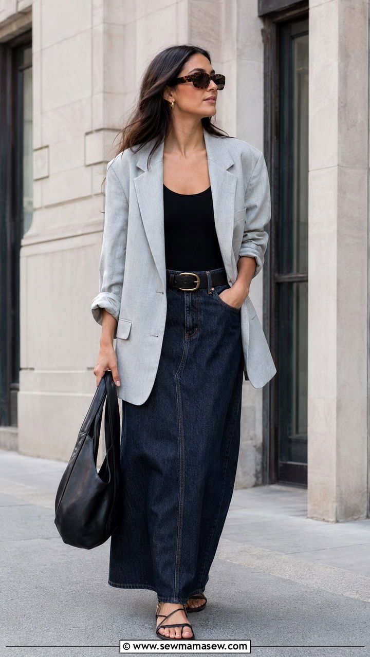 Oversized Linen Blazer With Denim Maxi Skirt Outfit - 30 Linen blazer outfit ideas with a skirt