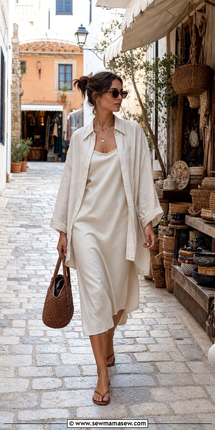 Oversized Linen Button Down over a Slip Dress - 25 summer outfits for apple shaped body