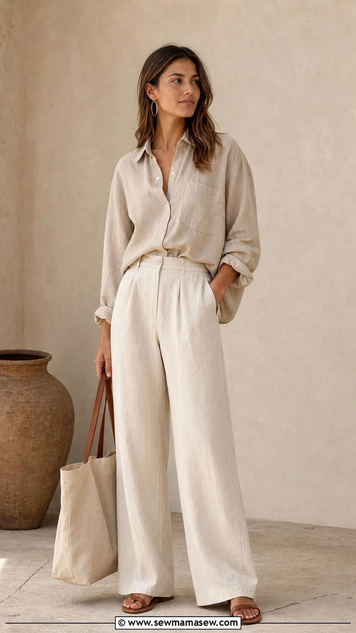 Oversized Linen Button Down with Wide Leg Trousers - 25 summer button down shirt outfit ideas