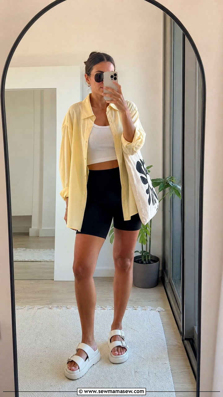 Oversized Linen Shirt And Biker Shorts - 30 Summer outfits for family vacation