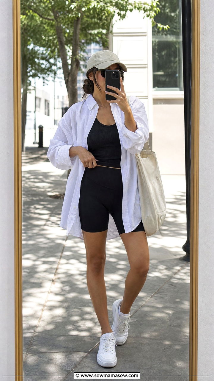 Oversized Linen Shirt As Coverup With Fitted Biker Shorts - 30 Summer capsule wardrobe for petite women