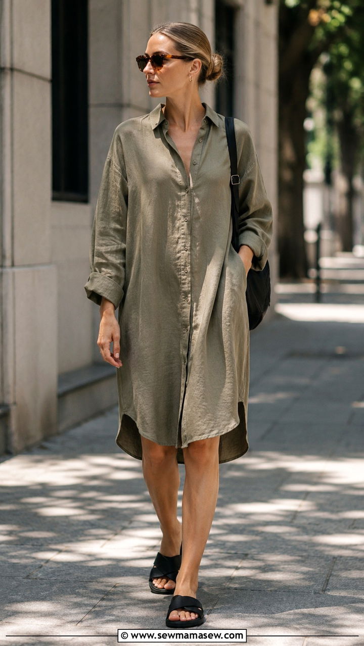 Oversized Linen Shirt Dress With Sporty Slides - 30 shirt dress outfit ideas for women