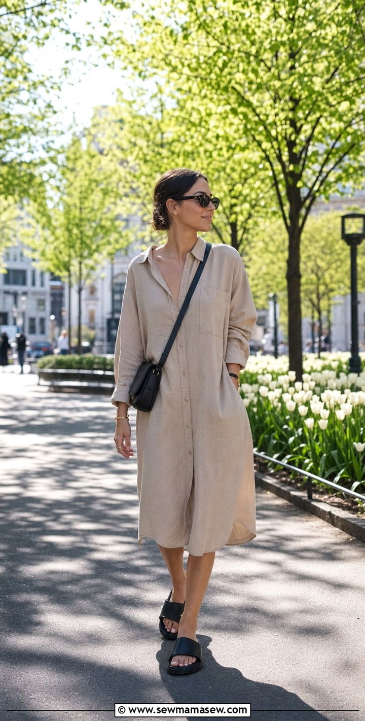 Oversized Linen Shirt Dress with Sporty Slides - 25 spring shirt dress outfit ideas
