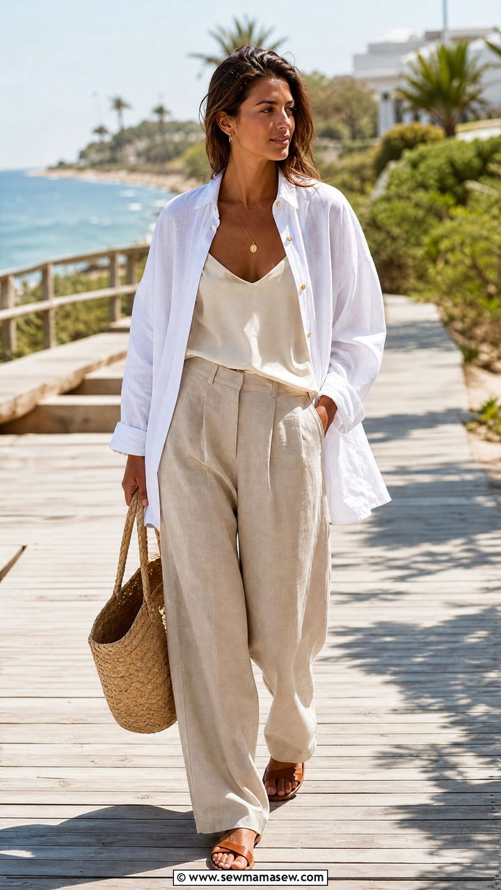 Oversized Linen Shirt Over a Camisole and Relaxed Trousers - 30 Cool morning warm afternoon outfits