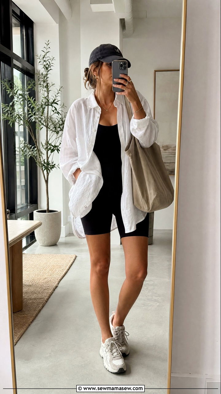 Oversized Linen Shirt With Biker Shorts Outfit - 30 Mid spring outfits
