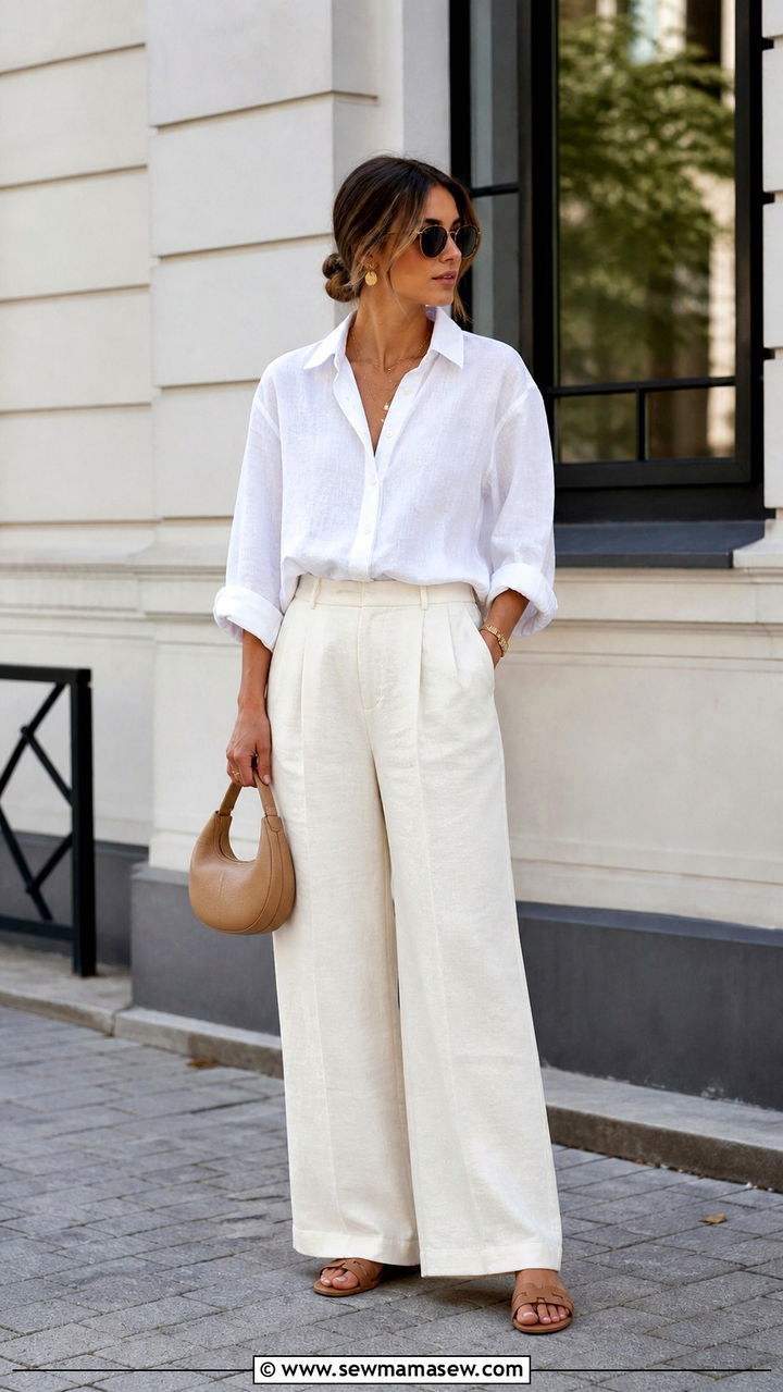 Oversized Linen Shirt With Cream Wide Leg Trousers - 40 summer street style outfits