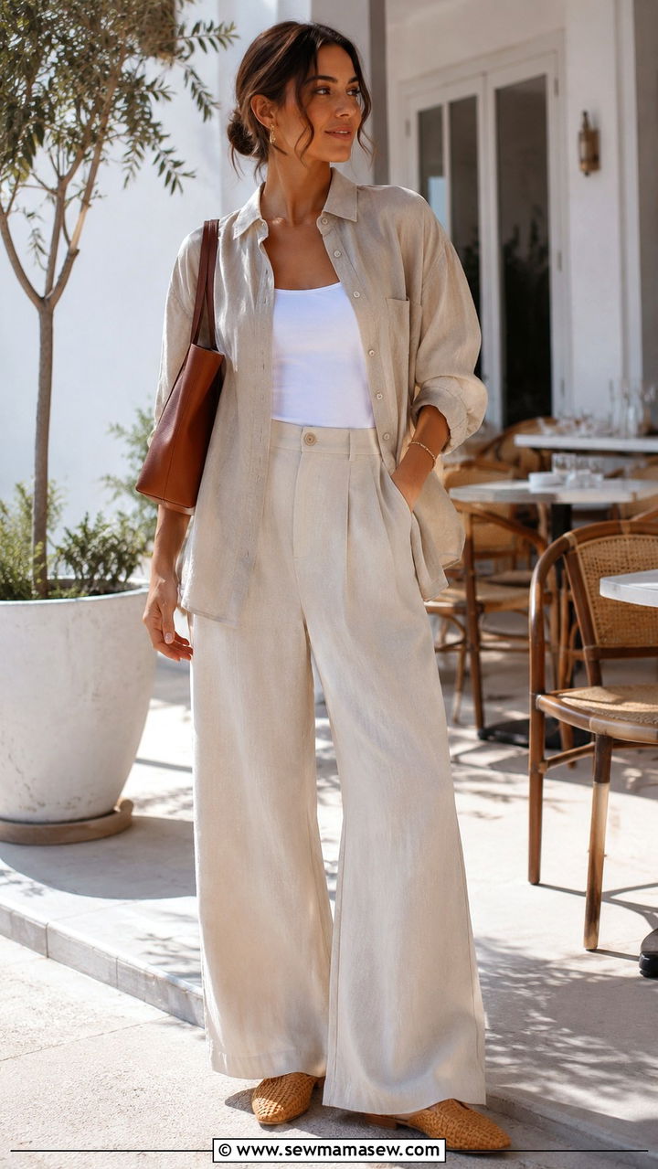 Oversized Linen Shirt With Wide Leg Trousers - 25 Modest outfit ideas for summer heat hot weather