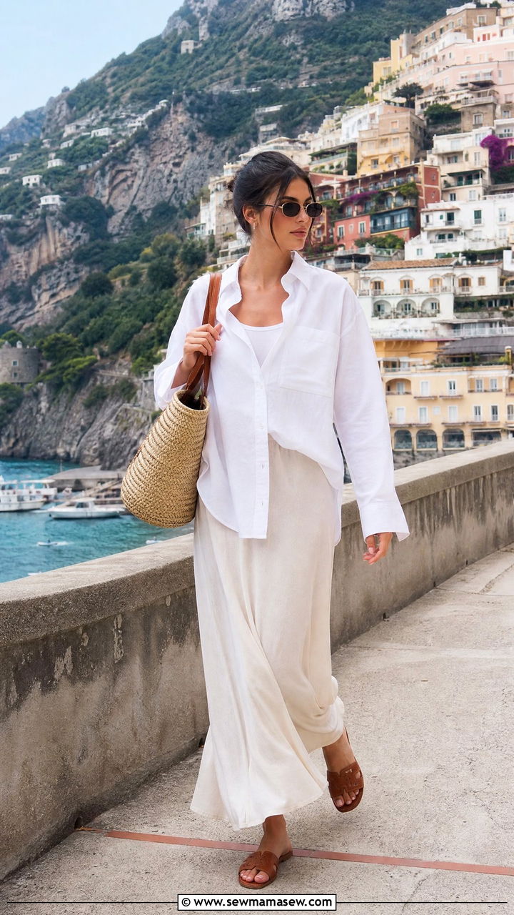 Oversized Linen Shirt and Flowy Maxi Skirt - 35 Kendall Jenner summer outfit ideas