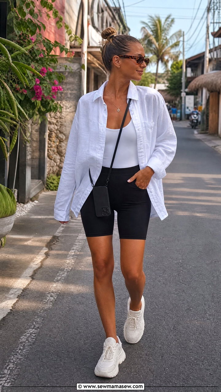Oversized Linen Shirt with Bike Shorts - 40 What to wear in Bali