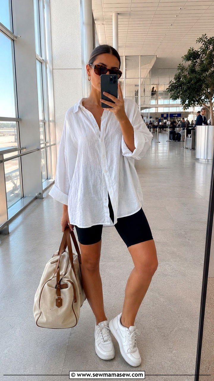 Oversized Linen Shirt with Cycling Shorts - 30 Ibiza outfit ideas
