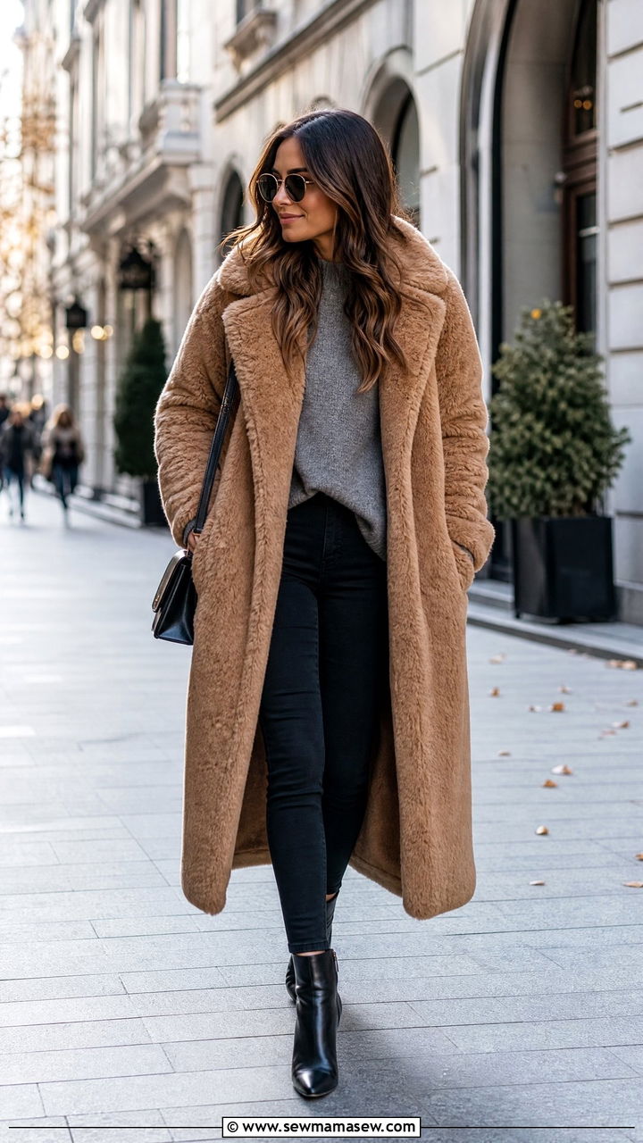 Oversized Longline Faux Fur Coat With Slim Fit Jeans - 30 Faux fur coat outfit ideas