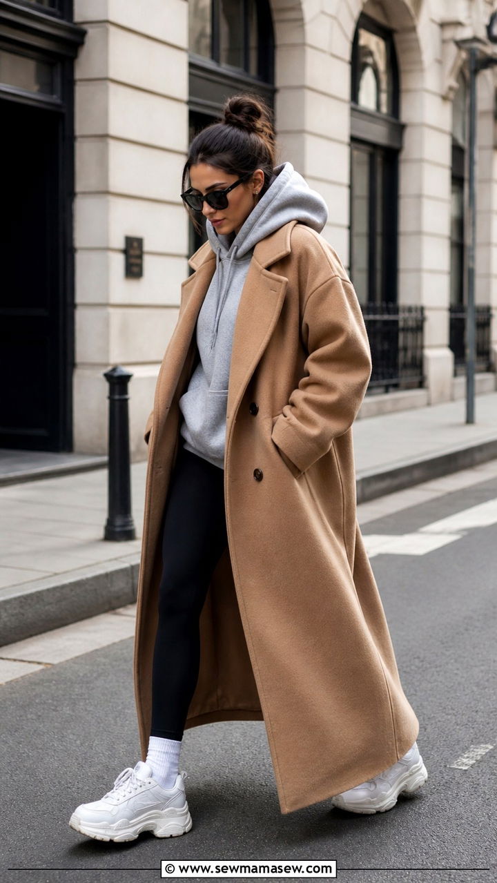 Oversized Maxi Coat With Hoodie and Leggings - 40 Maxi coat outfit ideas