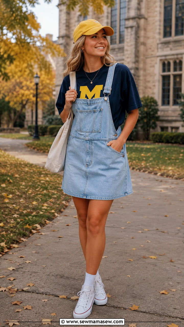 Oversized Michigan tee with overall dress outfit - 20 Gameday outfit ideas Michigan