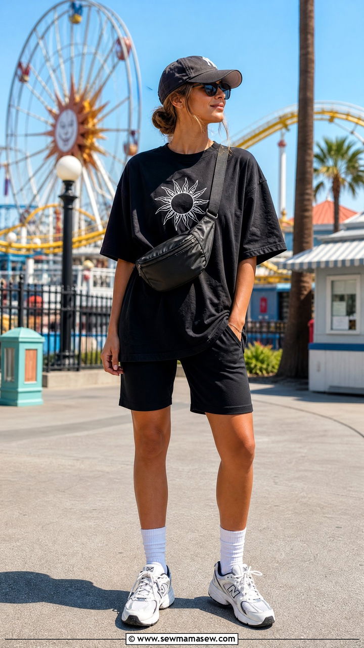 Oversized Mickey Tee and Bike Shorts - 25 Disneyland outfit ideas 2026