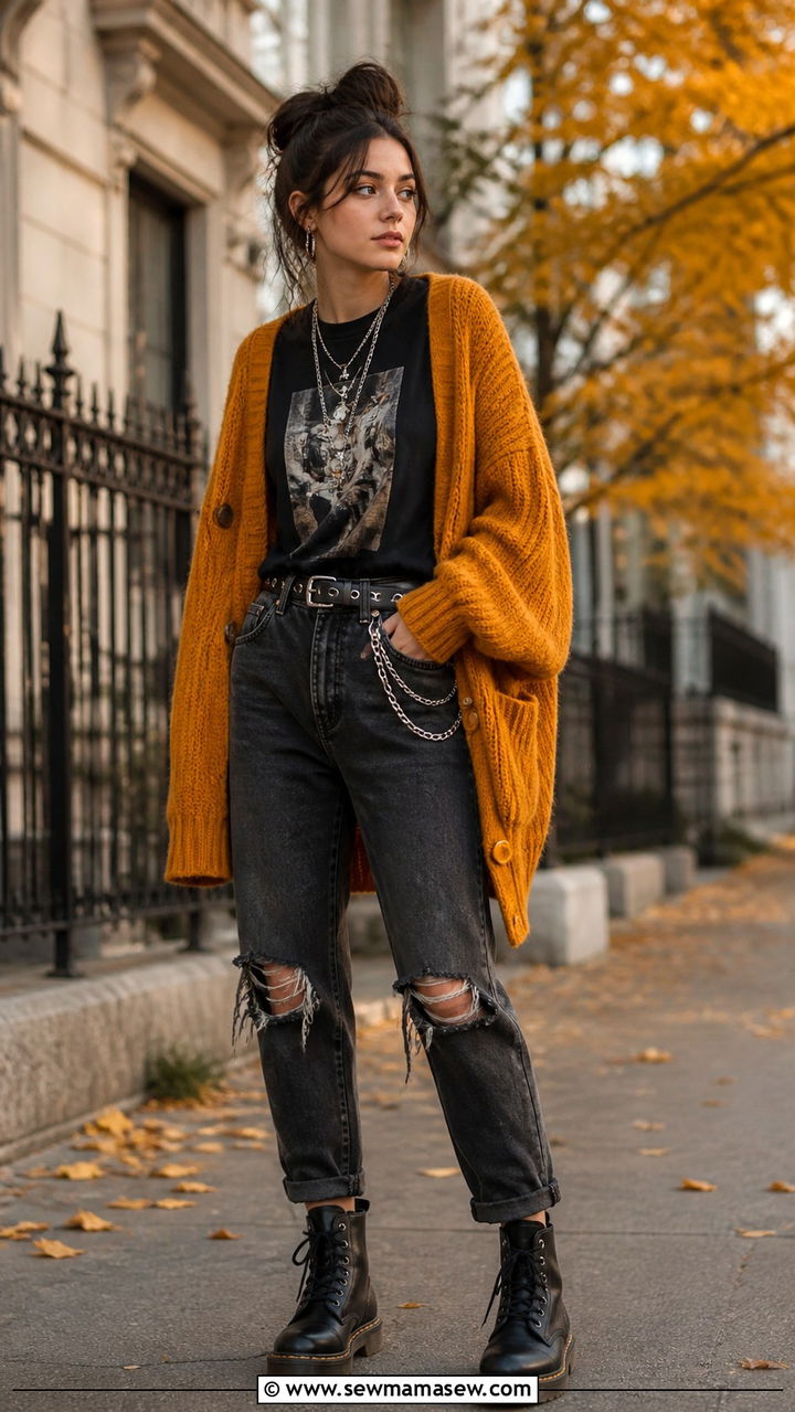 Oversized Mustard Cardigan Charcoal Ripped Jeans Combat Boots - 40 Grunge outfit ideas
