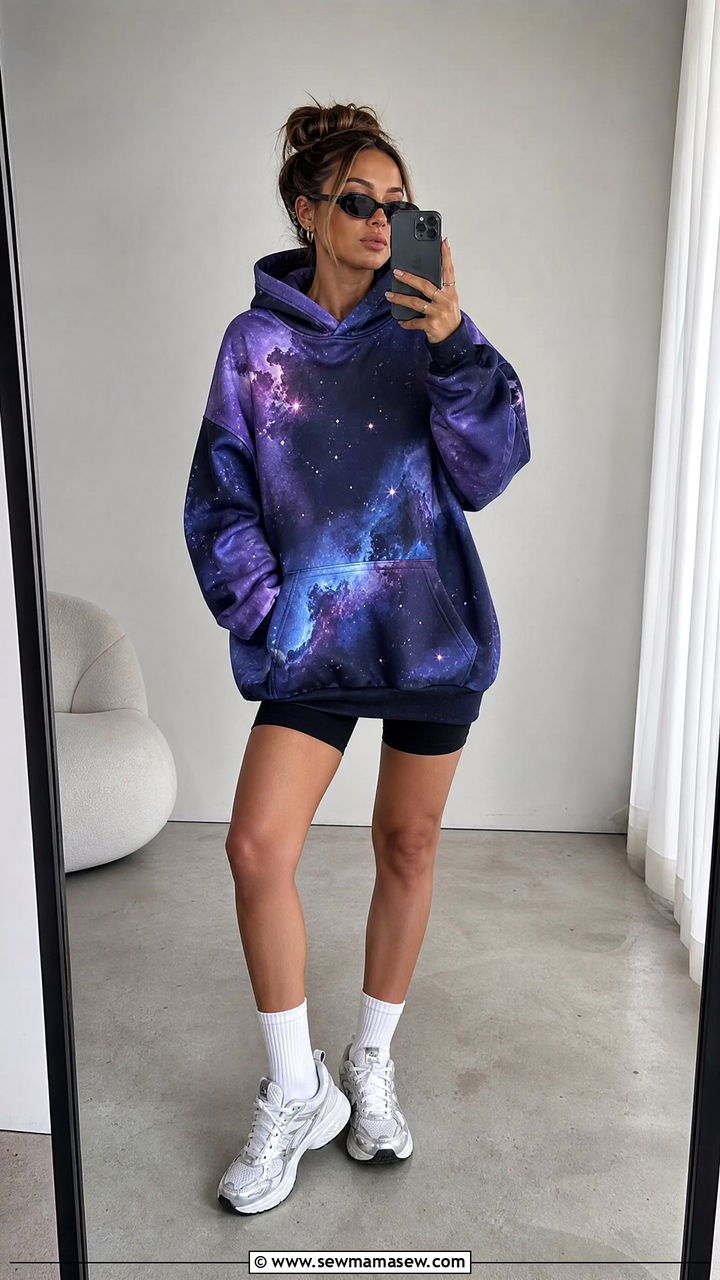 Oversized Nebula Hoodie with Biker Shorts and Crew Socks - 25 casual celestial outfits