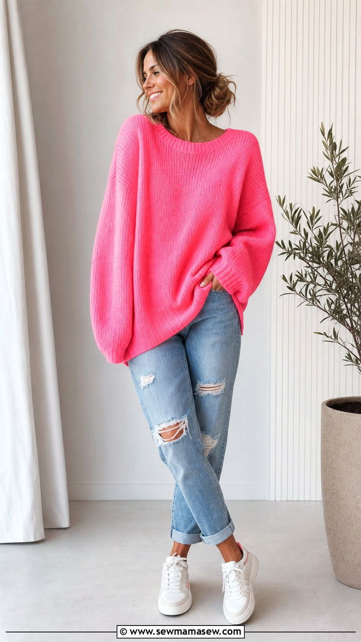 Oversized Neon Pink Sweater With Distressed Boyfriend Jeans - 25 Spring outfits for women in their 30s