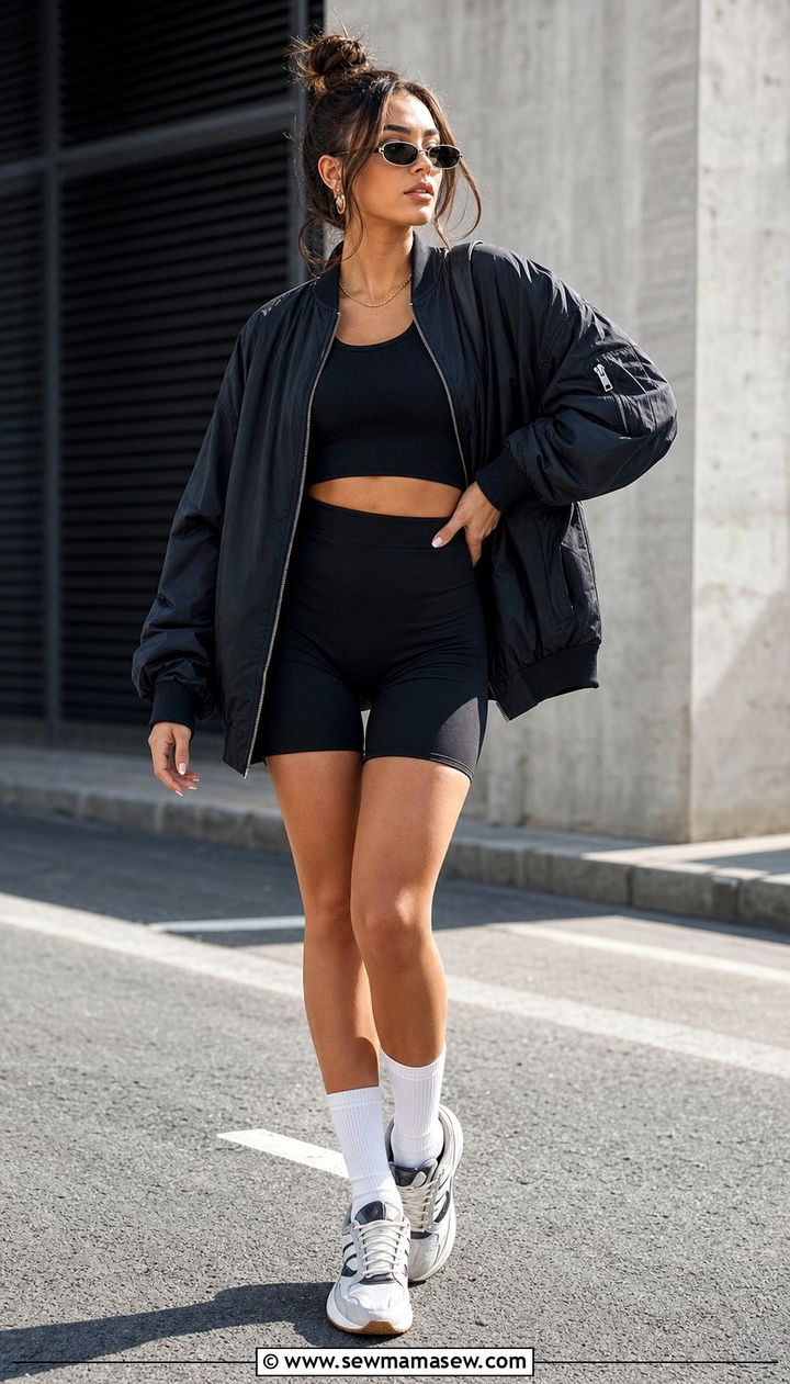 Oversized Nylon Bomber Jacket With Biker Shorts And A Crop Top - 25 Summer outfits with bomber jackets