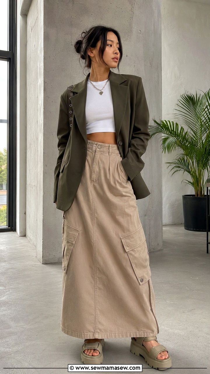 Oversized Olive Blazer with Cargo Maxi Skirt Outfit - 30 Oversized blazer outfit ideas with a skirt