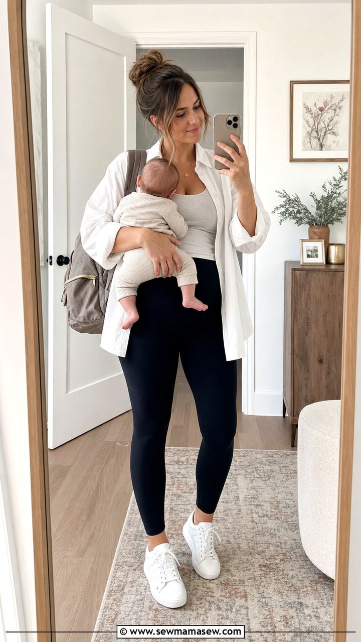 Oversized Oxford Shirt With Leggings And Sneakers - 25 Spring outfit ideas for postpartum women