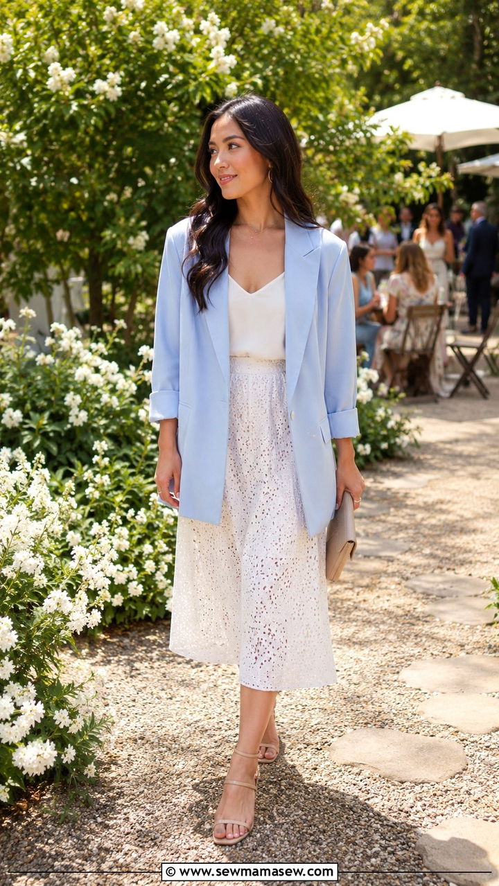 Oversized Pastel Blazer with White Eyelet Midi Skirt Outfit - 30 Oversized blazer outfit ideas with a skirt