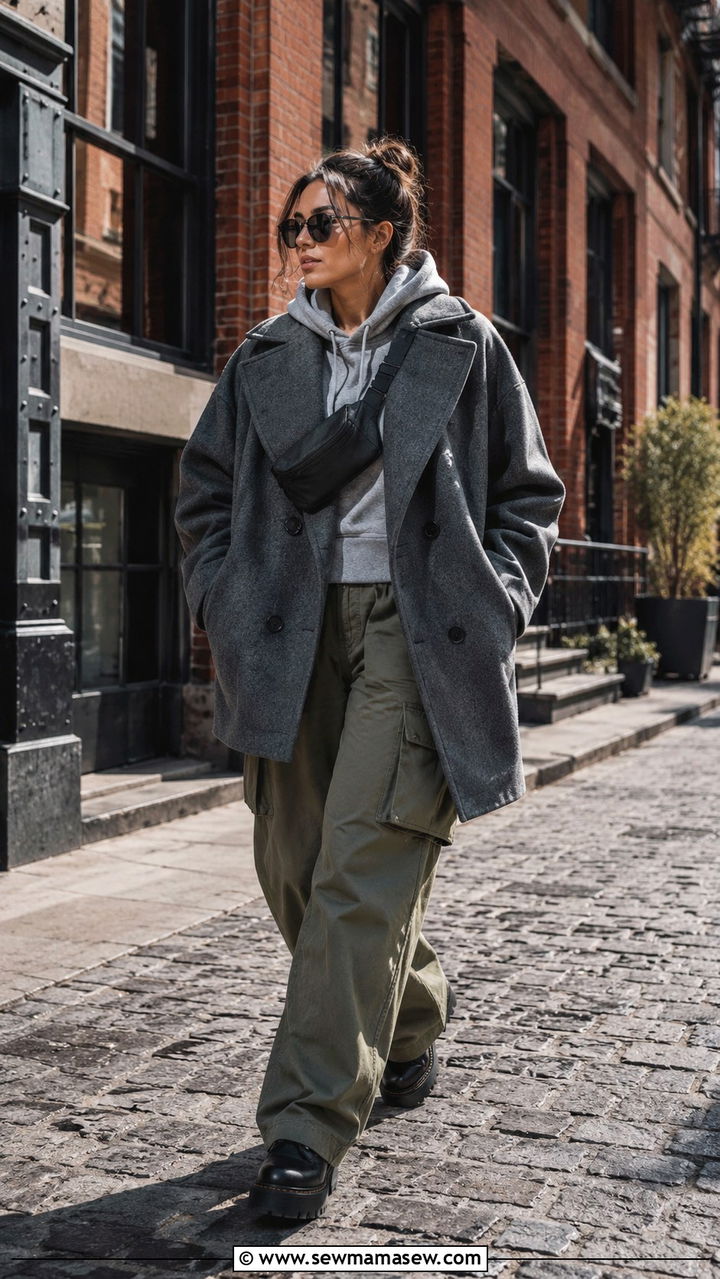 Oversized Pea Coat with Hoodie and Wide Leg Cargo Pants - 30 How to style a pea coat