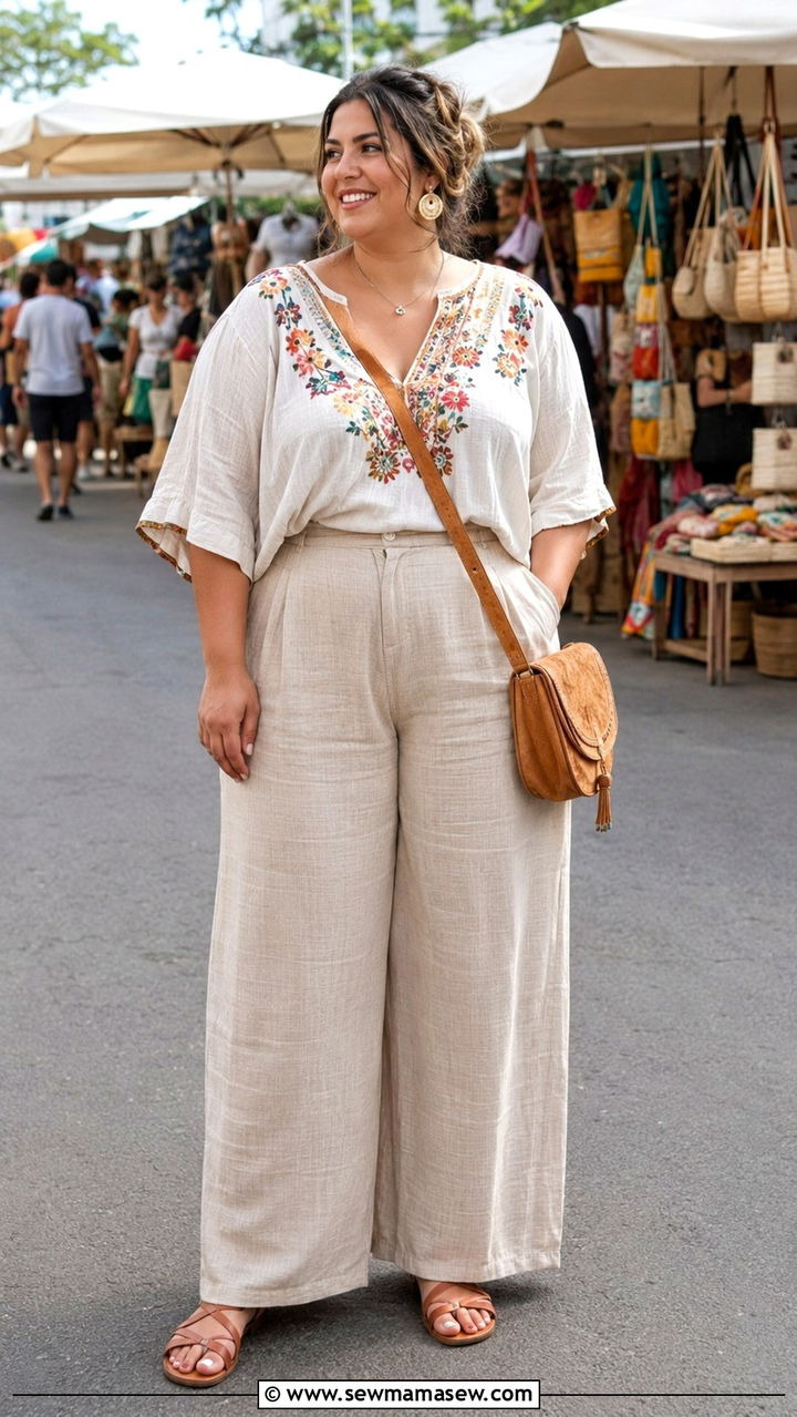 Oversized Peasant Top With Wide Leg Pants - 30 Boho outfits for curvy women