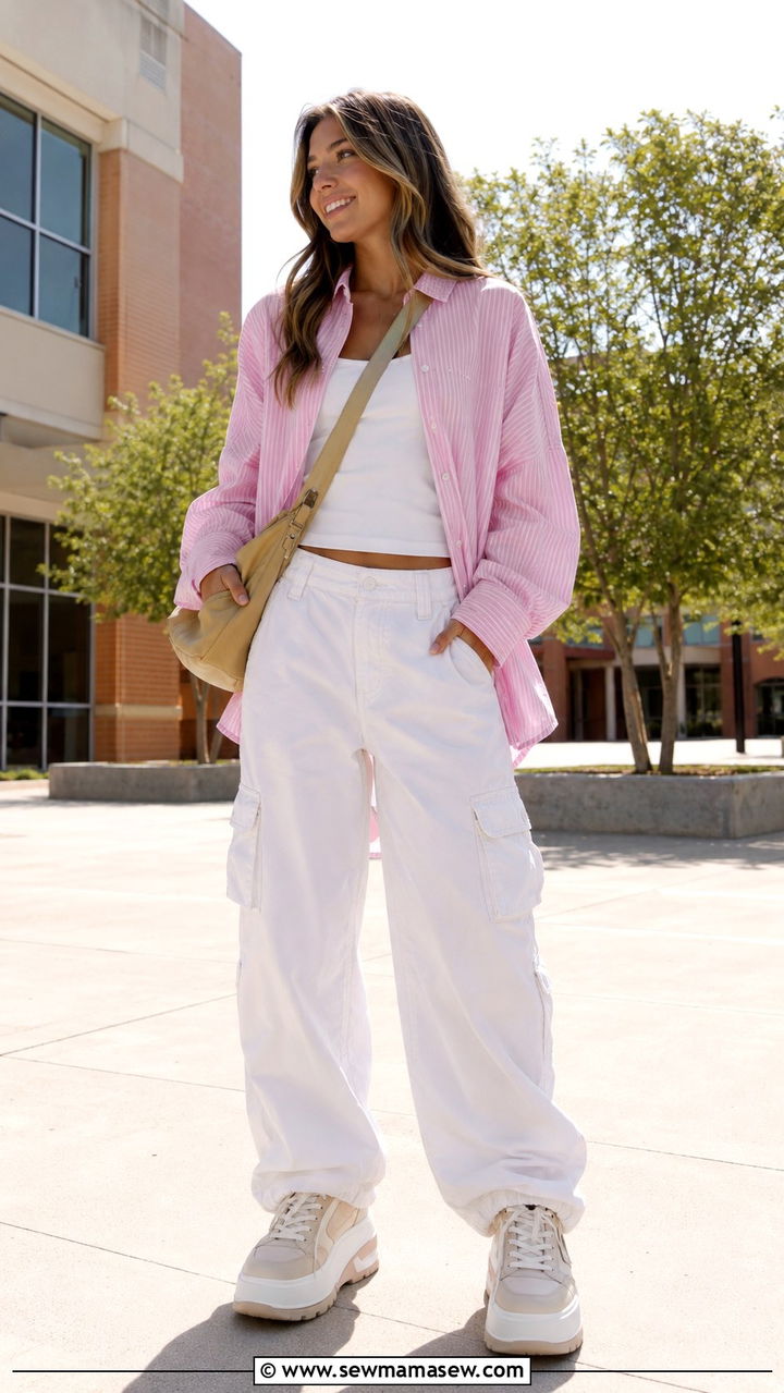 Oversized Pink Button Down With White Cargo Pants And Platform Sneakers - 30 school outfits Pinterest