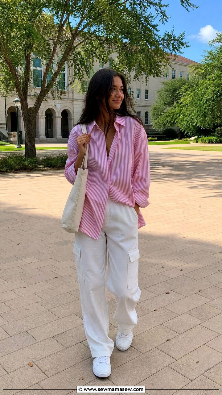 Oversized Pink Button Down and White Cargo Pants - 30 Summer outfits for school