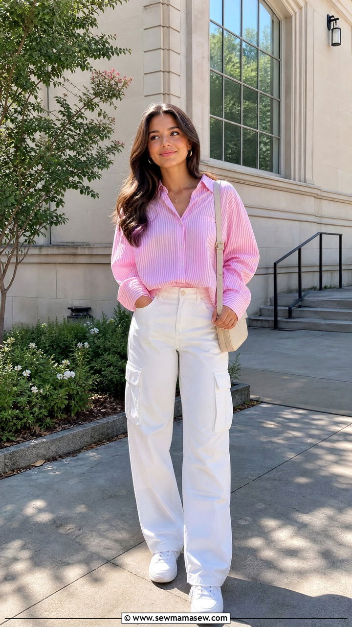 Oversized Pink Button Down with White Cargo Pants - 30 College outfit ideas cute 2026